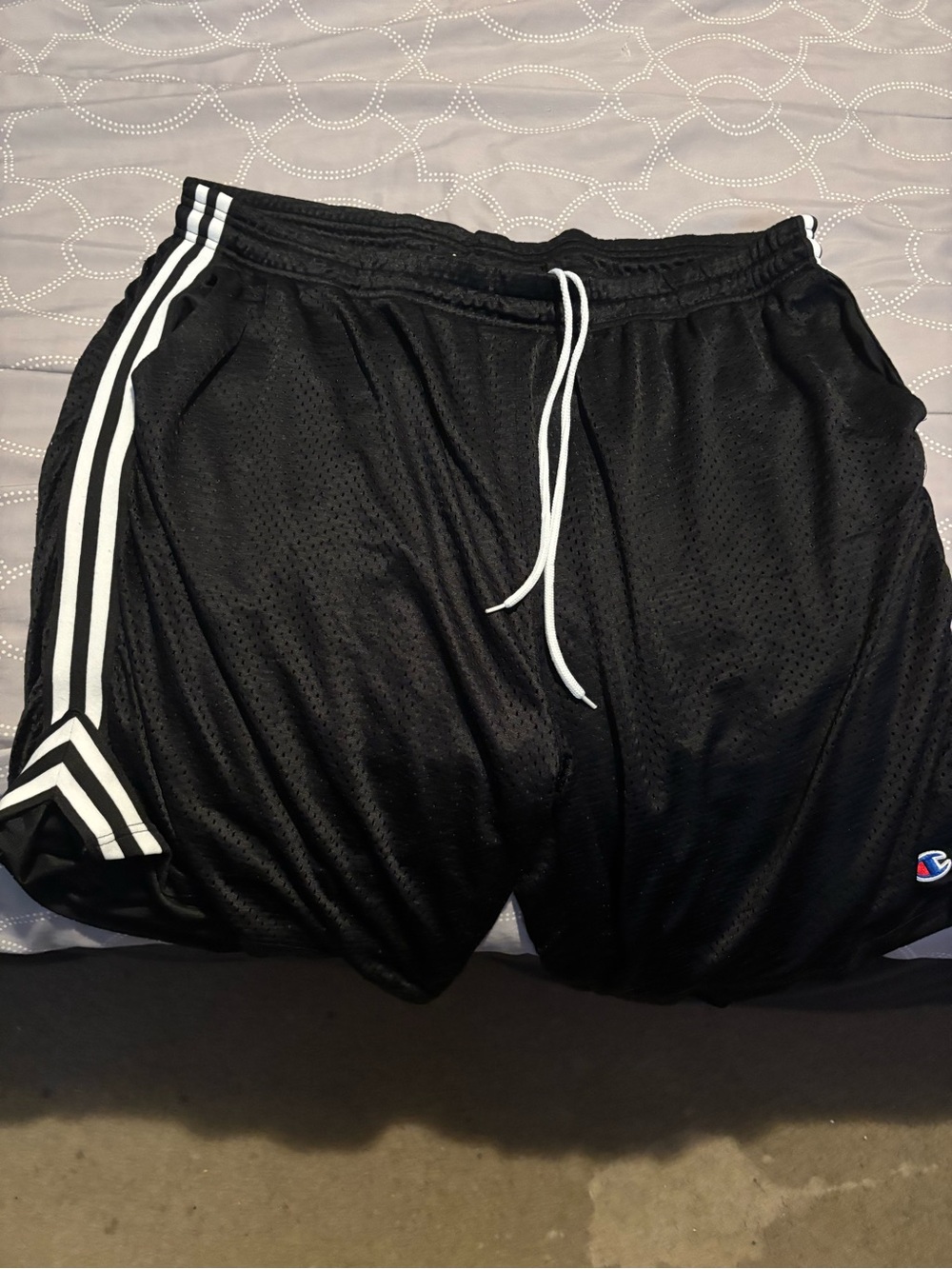 Champion Men's Black Athletic Mesh Shorts with White Side Stripes